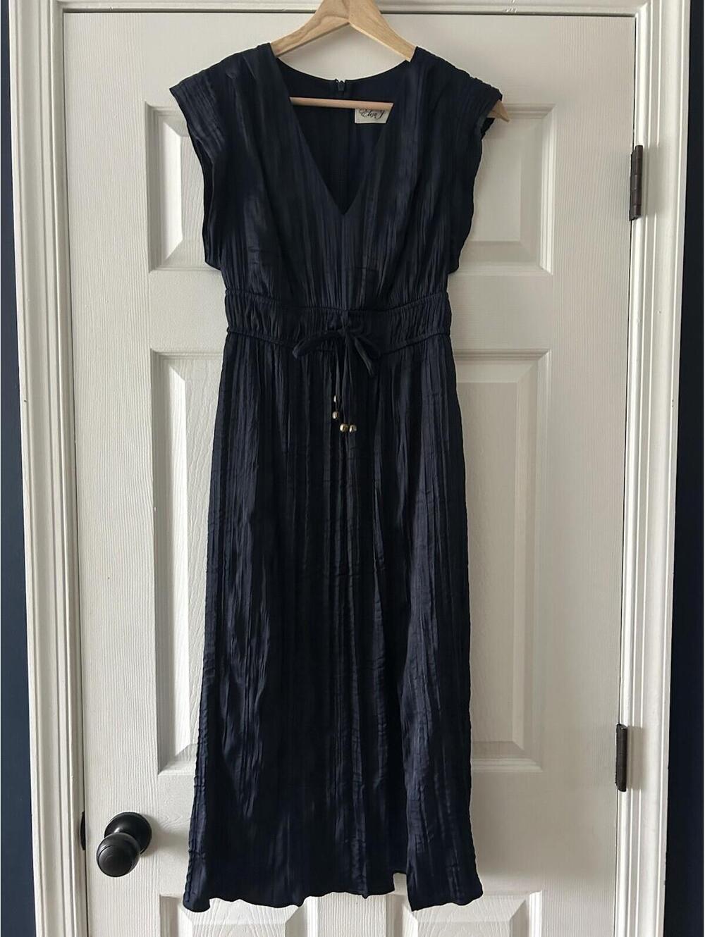 Eliza J Women's Navy Blue V-Neck Cap-Sleeve Flowy Tie Waist Dress Size 0